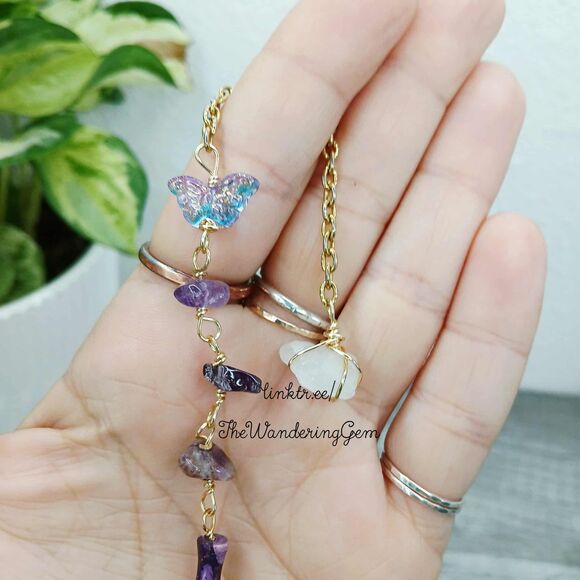 Amethyst & Quartz Crystal Beaded Dowsing Pendulum, Butterfly Purple 7.5" - Picture 2 of 5